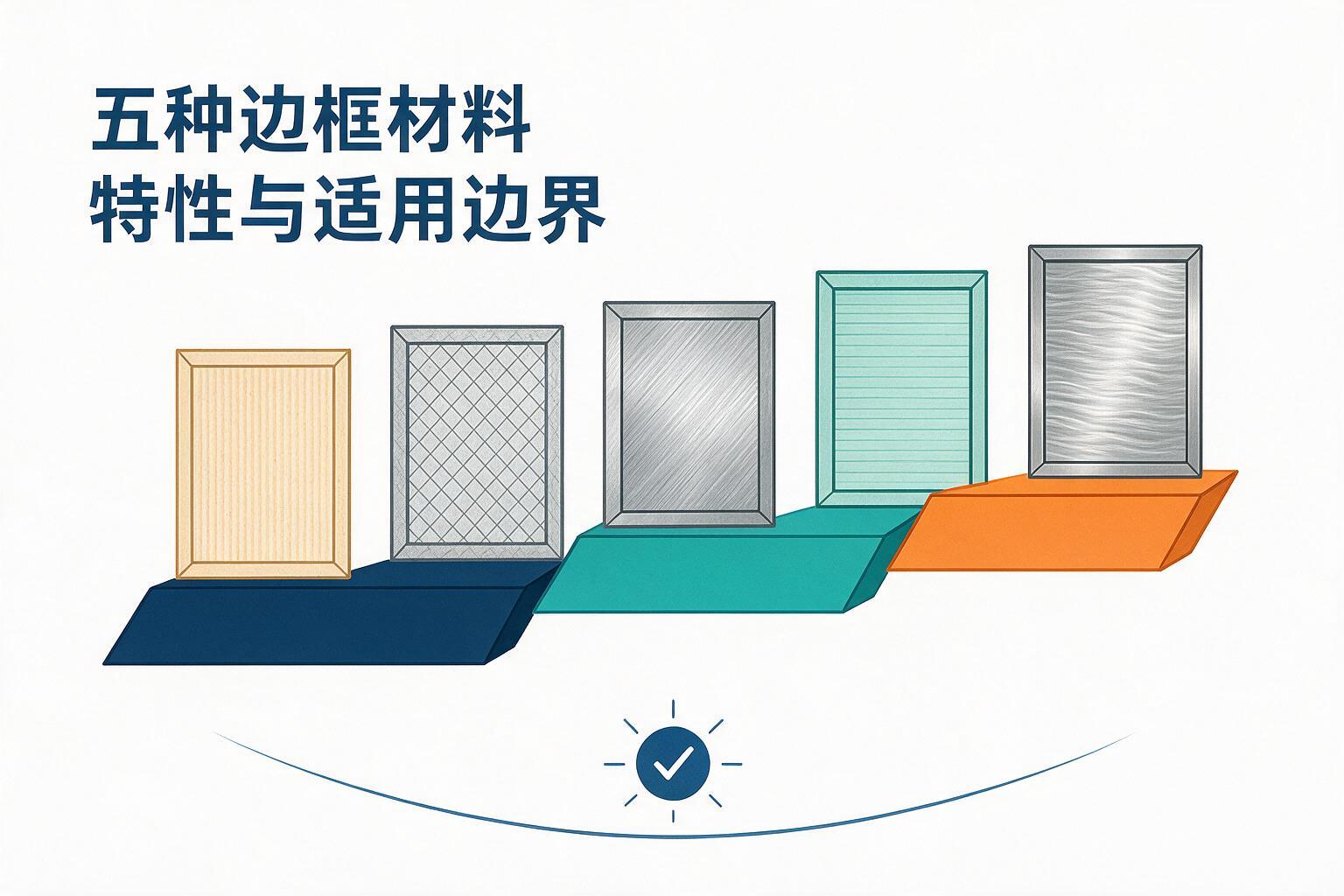 信息图：五种主流边框材料：特性与适用边界：等级、浓度范围与污染物类别