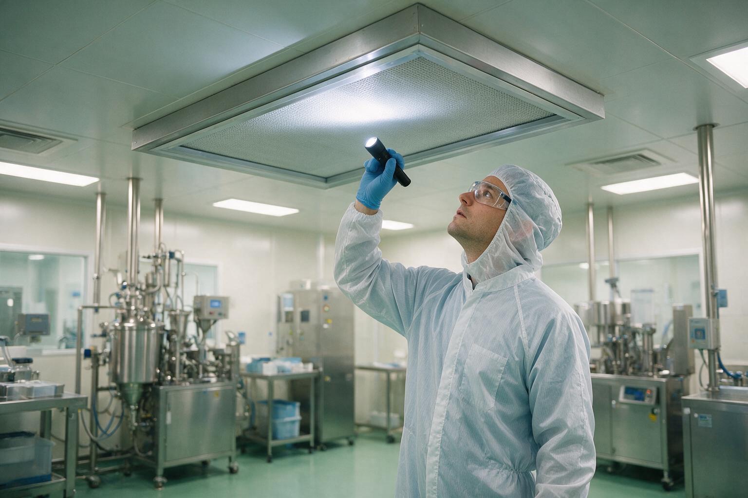 洁净室工程师用强光手电检查吊顶高效过滤器的密封边框