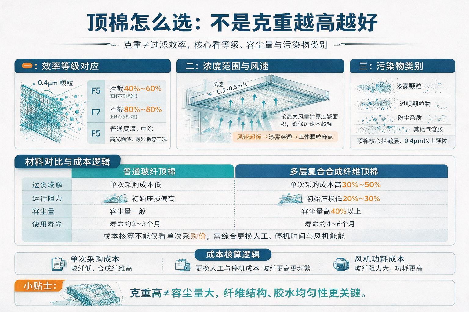 信息图:顶棉怎么选:不是克重越高越好:等级、浓度范围与污染物类别