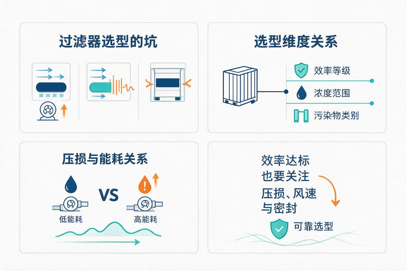 信息图:选型时最容易踩的三个坑:压损、风速、边框密封:等级、浓度范围与污染物类别