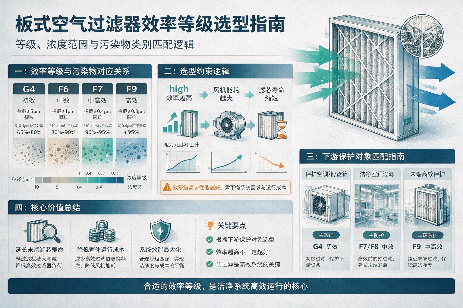 信息图:板式空气过滤器的效率等级怎么选?:等级、浓度范围与污染物类别