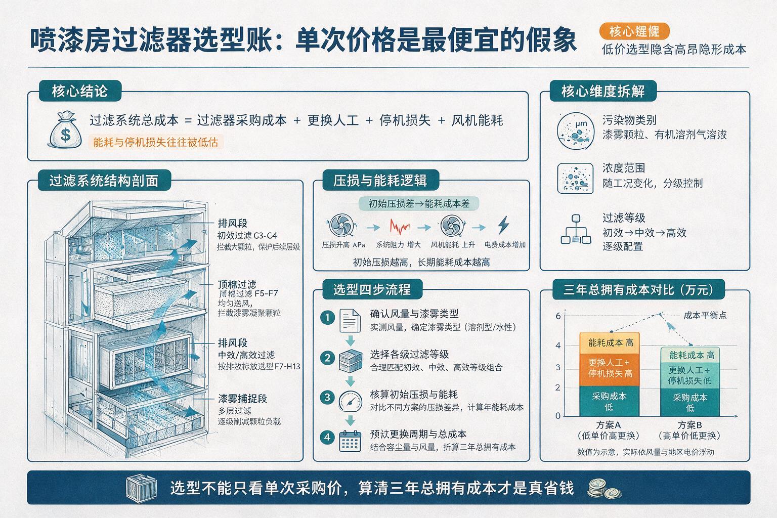 信息图:喷漆房过滤器选型账:单次价格是最便宜的假象:等级、浓度范围与污染物类别