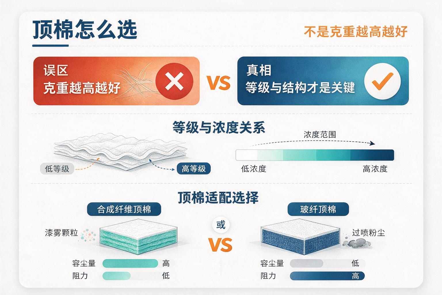 信息图:顶棉怎么选:不是克重越高越好:等级、浓度范围与污染物类别