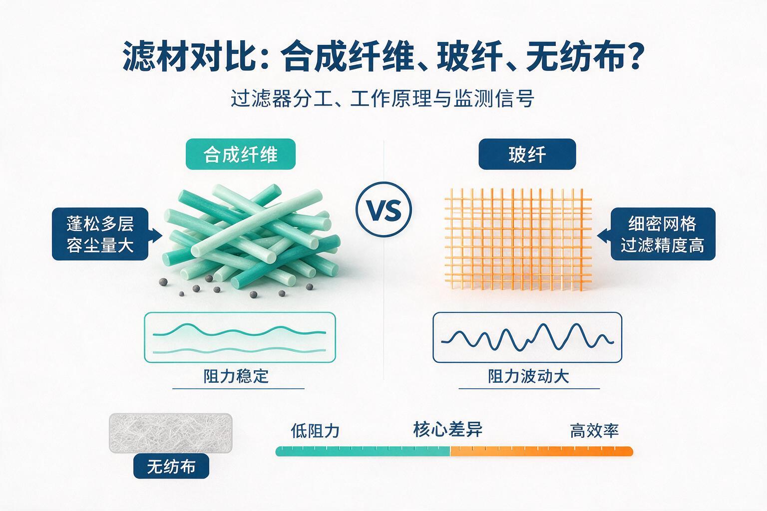 对比：滤材：合成纤维、玻纤，还是无纺布？：过滤器分工、工作原理与监测信号