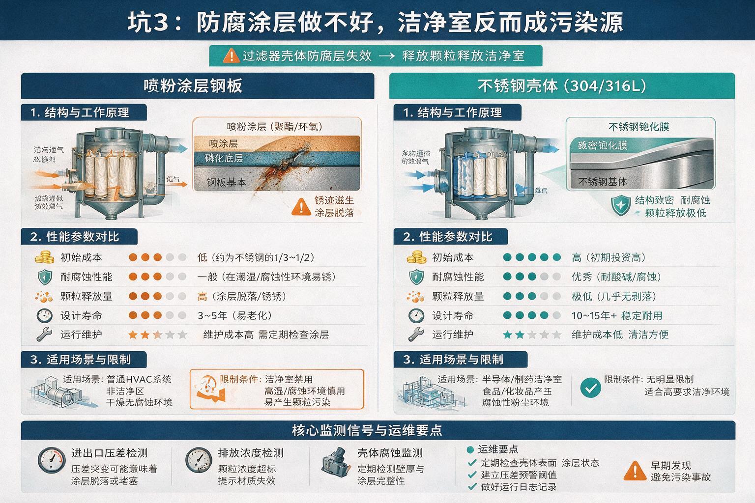 对比:坑3:防腐涂层做不好,洁净室反而成污染源:过滤器分工、工作原理与监测信号
